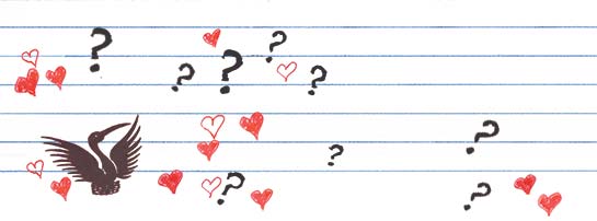 question marks, love hearts, school logo, phoenix